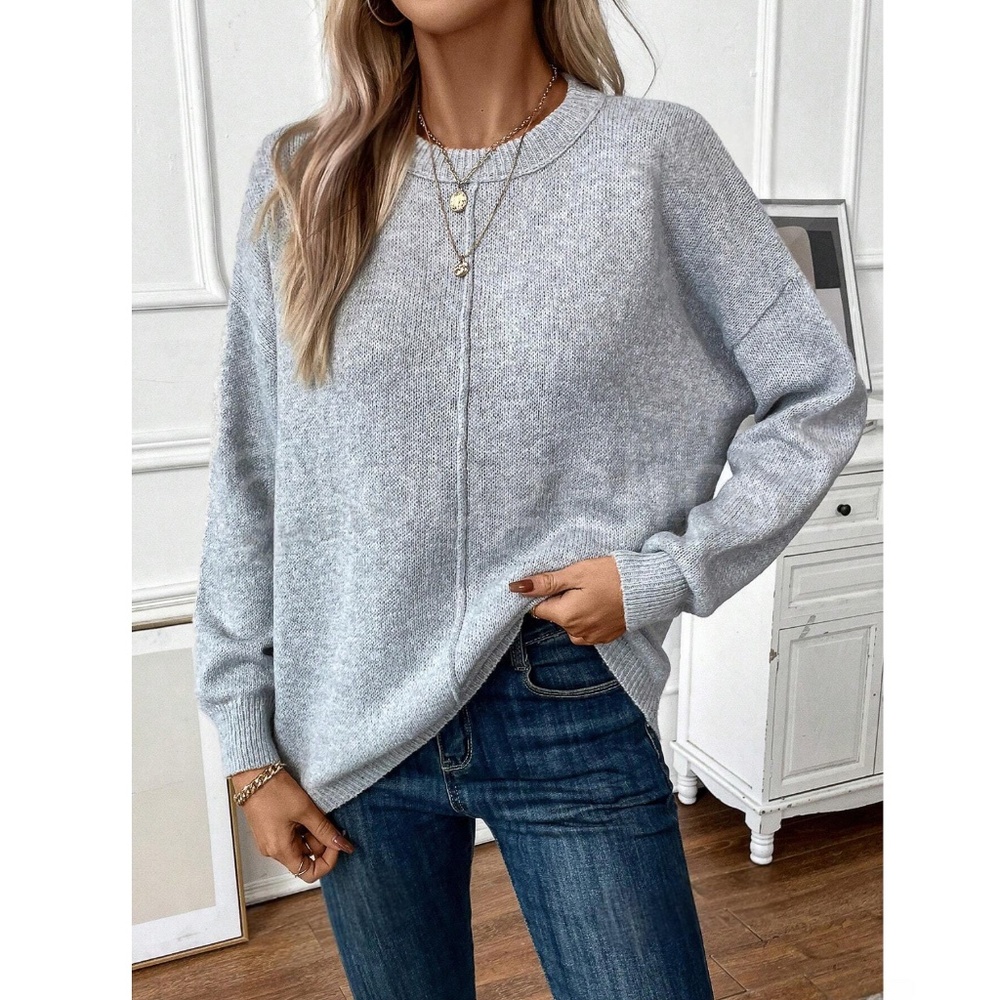Gray Knit Pullover Loose Fit Sweater Long Sleeve Drop Shoulder